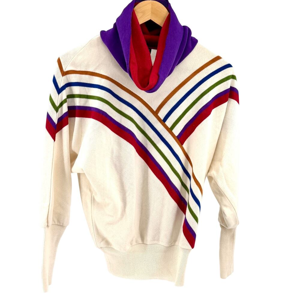 Vintage 80s Escorpion Cream Multi Stripe Graphic Cowl Neck Knit Sweater